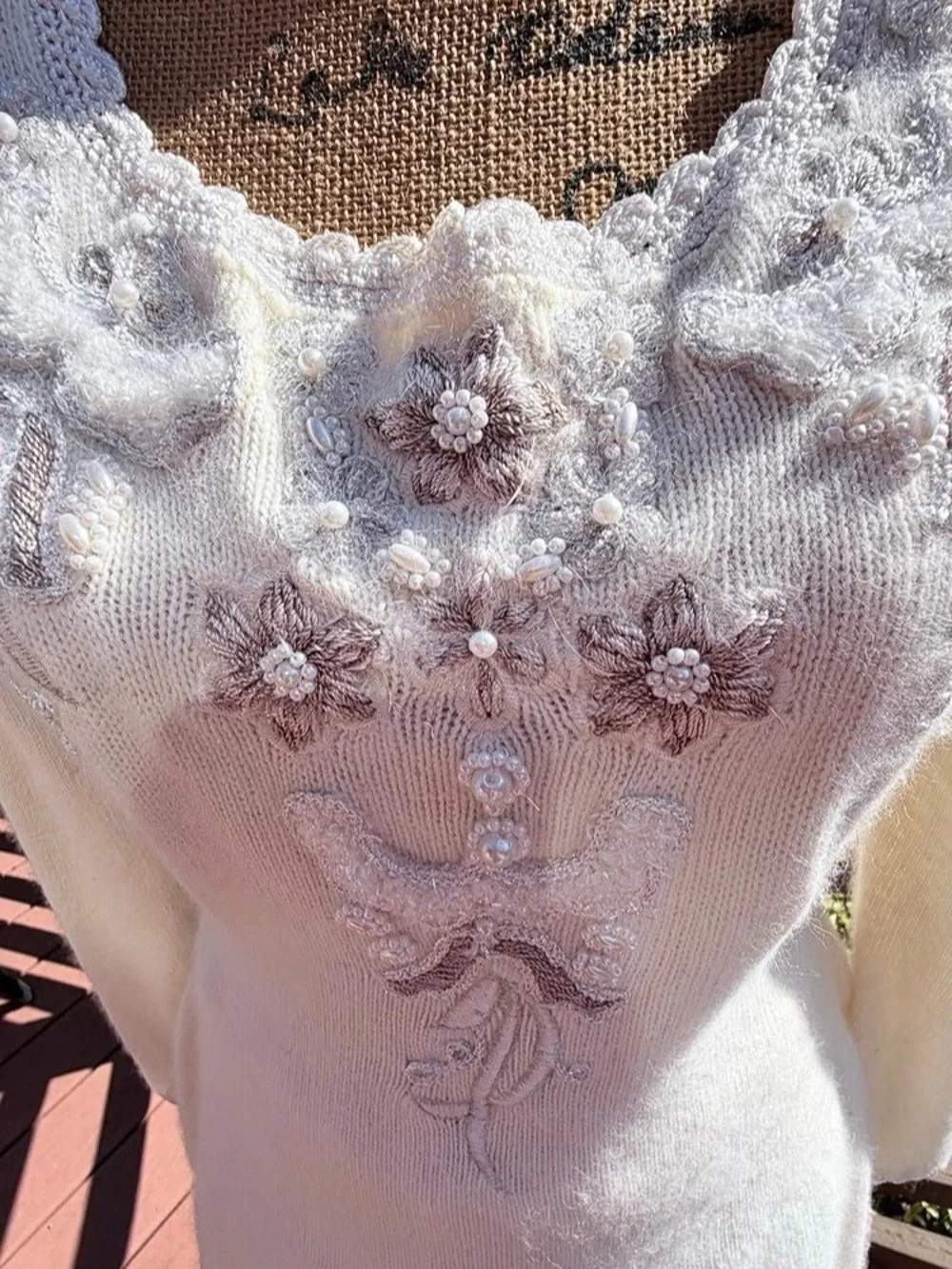 Vintage 90 Ivory Angora Knit Peplum Skirt & Sweater Set Floral Beaded Lace M